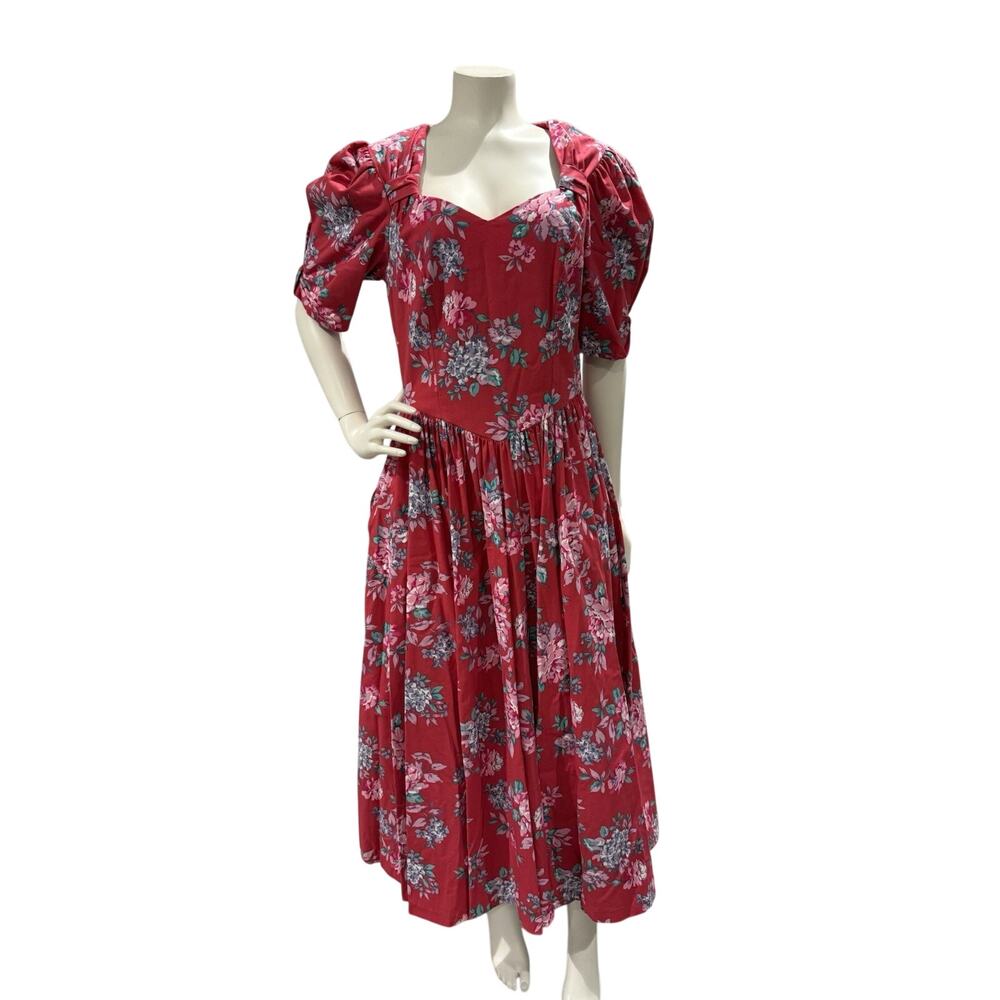 Vintage Laura Ashley Red Dress Womens Sz 12 Floral Prairie Modest Puff Sleeve